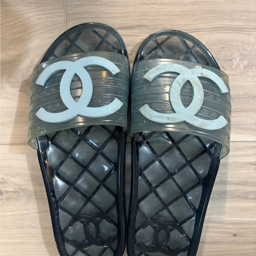 Chanel Black and Gray Slide Sandals